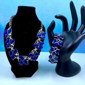Vintage 1980’s Blue Acrylic Abstract Floral Bracelet and Choker Necklace set